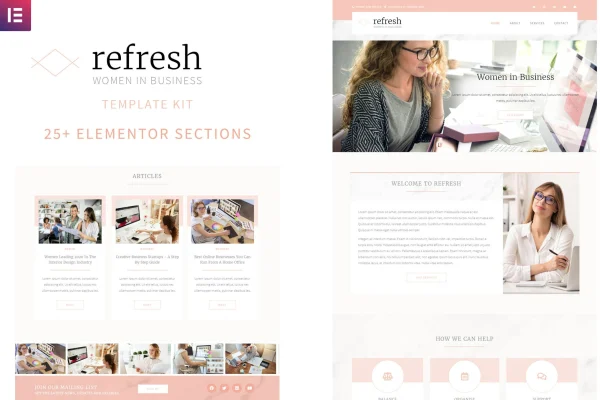 Refresh Women in Business Elementor template kit cover with apricot and peach page designs