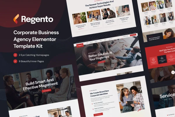Regento business agency Elementor template kit preview showing homepage and inner page layouts