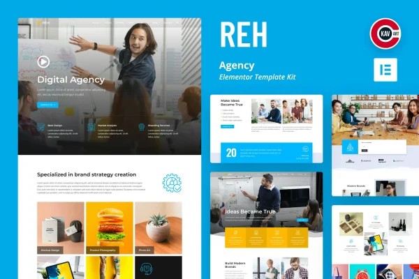Reh agency Elementor template kit cover showing creative agency page layouts