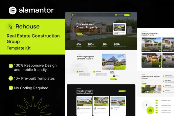 Rehouse real estate and construction Elementor template kit preview
