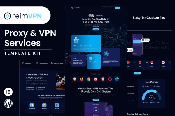 Reimvpn VPN and proxy services Elementor template kit preview