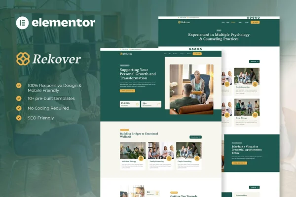 Rekover psychology and counseling Elementor template kit preview
