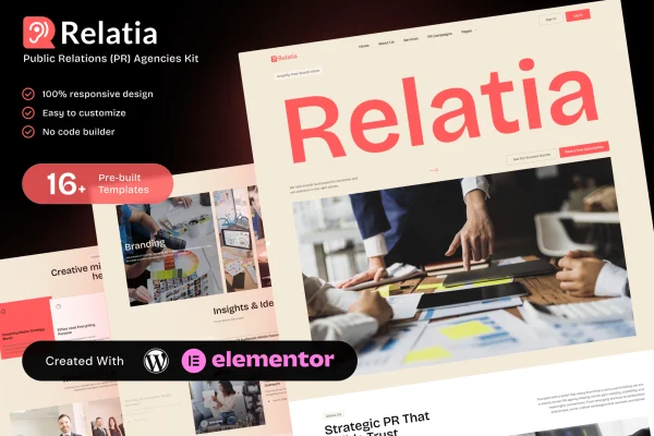 Relatia Elementor template kit cover for public relations agency websites