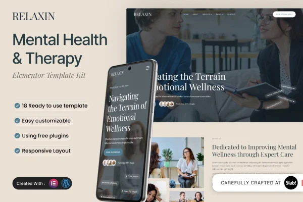 Relaxin mental health and therapy Elementor template kit preview