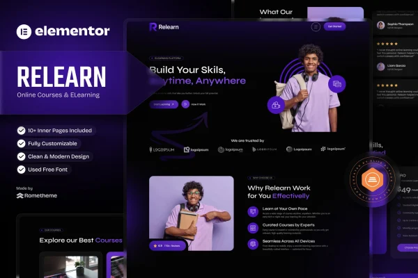 Relearn online courses and e-learning Elementor template kit cover image