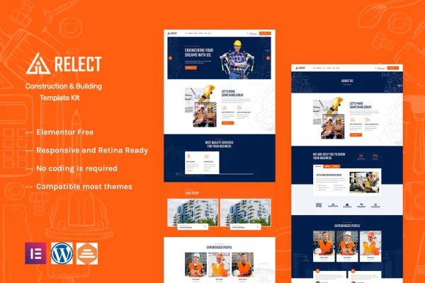 Relect construction and building Elementor template kit preview