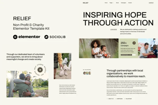 Relief non profit and charity Elementor template kit preview