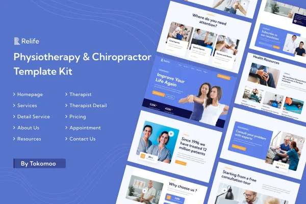 Relife physiotherapy and chiropractor Elementor template kit page previews