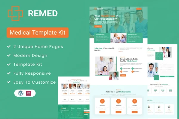 Remed medical clinic Elementor template kit preview with homepage designs