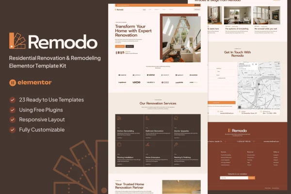 Remodo residential renovation and remodeling Elementor template kit preview