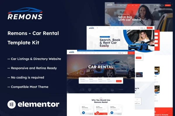 Remons car rental Elementor template kit cover with homepage and vehicle listing previews