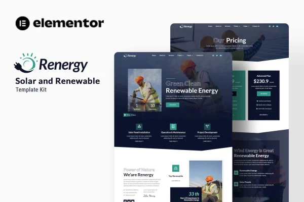 Renergy solar and renewable energy Elementor template kit preview