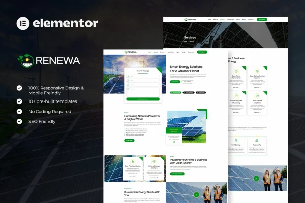 Renewa solar and renewable energy Elementor template kit preview