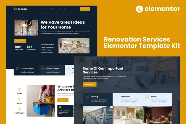 Renoba renovation services Elementor template kit preview