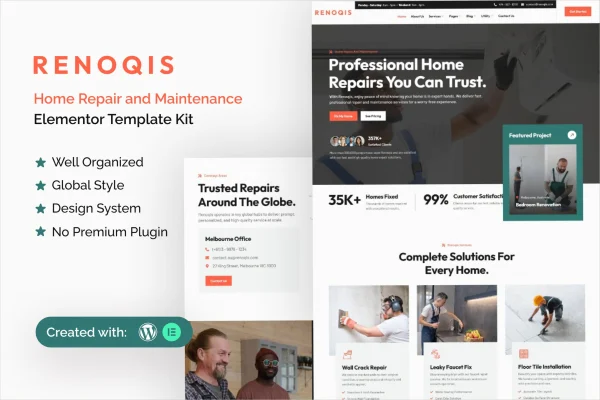 Renoqis home repair and maintenance Elementor template kit preview
