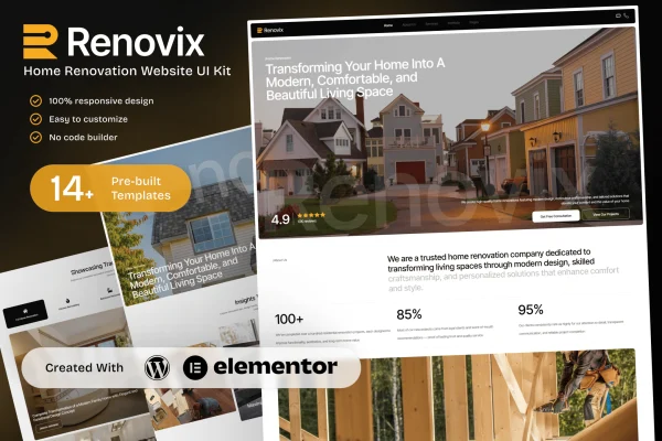 Renovix home renovation Elementor template kit cover image