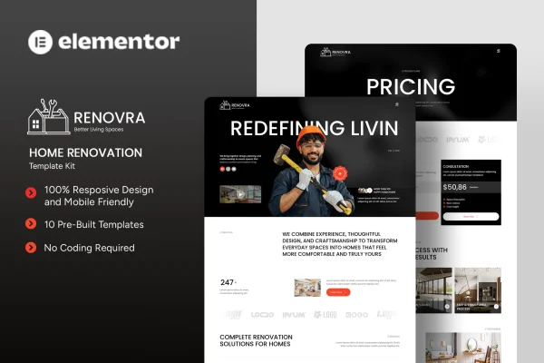 Renovra home renovation Elementor template kit cover image