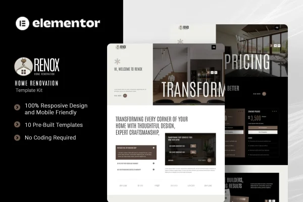 Renox home renovation Elementor template kit cover image