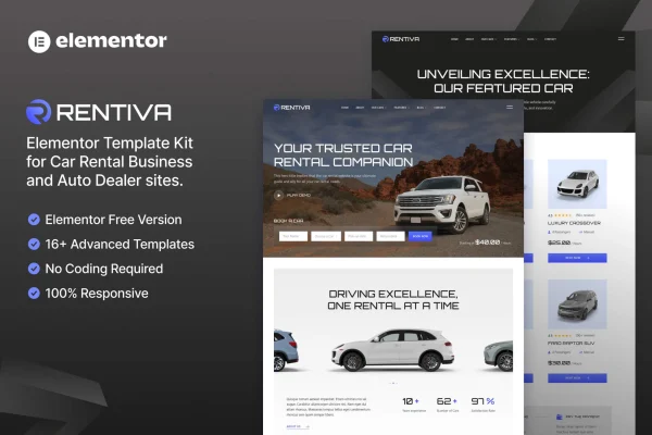 Rentiva car rental and auto dealer Elementor template kit preview