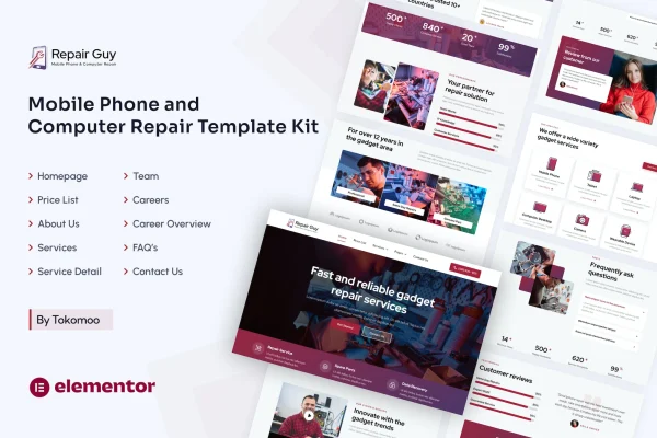 Repair Guy Elementor template kit cover showing phone and computer repair website pages
