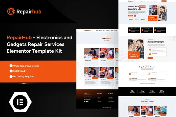 RepairHub electronics and gadget repair Elementor Pro template kit preview
