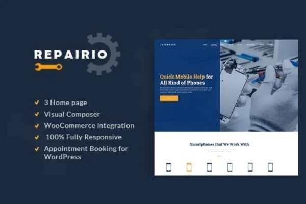 Repairio Theme electronics repair website preview on desktop and mobile screens