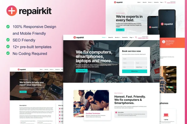 RepairKit Elementor template kit preview for a phone and computer repair website