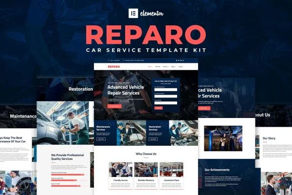 Reparo car service Elementor template kit preview with auto repair page layouts