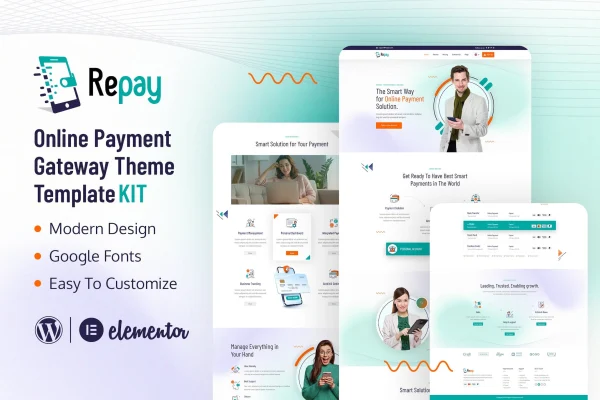 Repay payment gateway Elementor template kit cover showing a fintech website layout