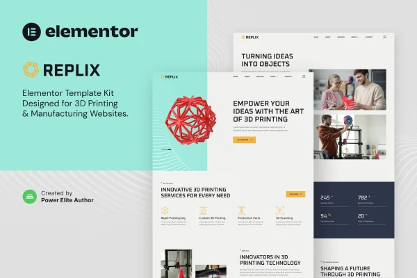 Replix 3D printing and manufacturing Elementor template kit preview