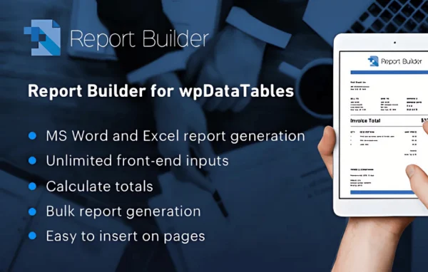 Report Builder for wpDataTables plugin banner showing Word and Excel report generation
