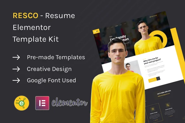 Resco resume Elementor template kit preview showing portfolio page layouts
