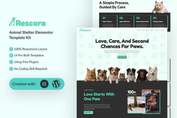 Rescora animal shelter Elementor template kit preview with pet adoption page layouts