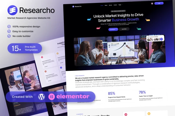 Researcho Elementor template kit preview for market research agency websites