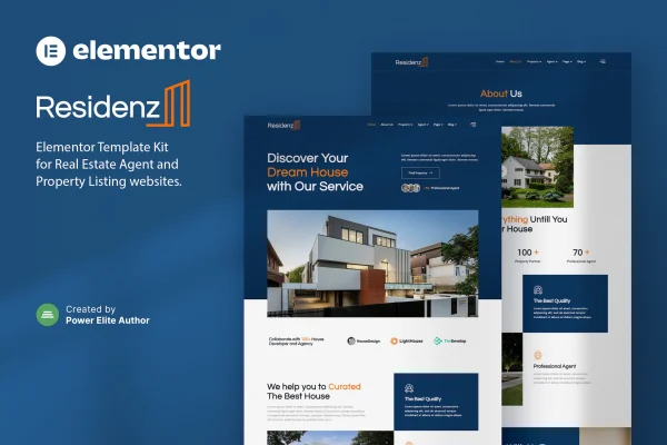 Residenz real estate Elementor template kit preview with property listing pages