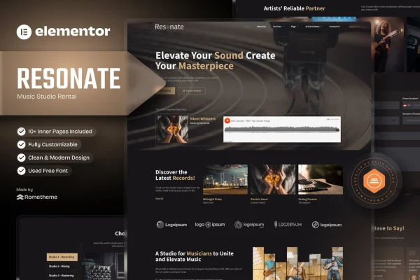 Resonate music studio production Elementor template kit preview