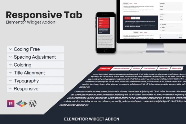 Responsive Tab for Elementor plugin banner showing a tab and accordion widget