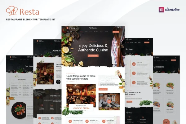 Resta restaurant Elementor template kit preview showing restaurant website page designs