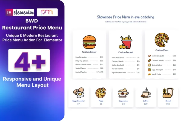 Restaurant Price Menu addon for Elementor banner showing a styled food price menu