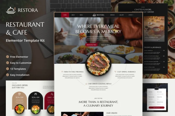 Restora restaurant and cafe Elementor template kit cover image