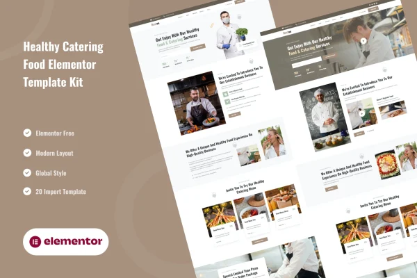Restou healthy catering Elementor template kit cover with website page previews