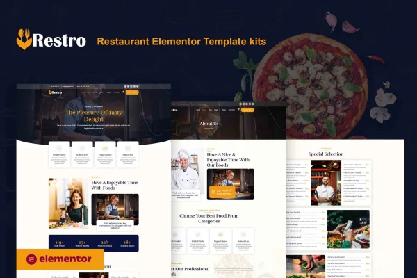 Restro restaurant Elementor template kit preview showing restaurant website pages