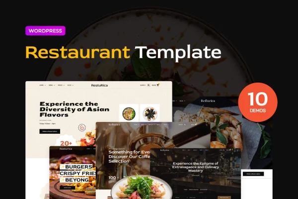 Resturica food industry Elementor template kit cover showing restaurant website page layouts