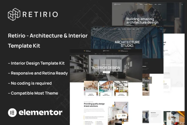 Retirio architecture and interior Elementor template kit preview