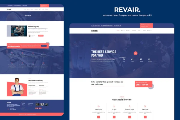 Revair auto mechanic and repair Elementor template kit preview