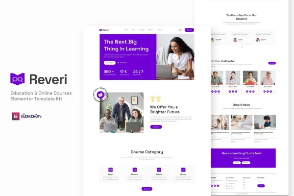 Reveri education and online courses Elementor template kit preview