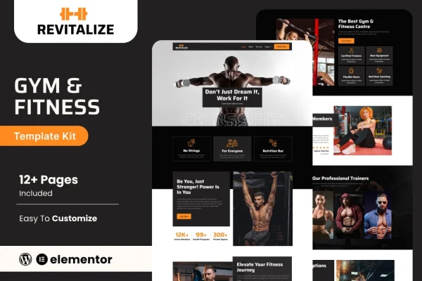 Revitalize fitness gym Elementor template kit preview with gym website page layouts