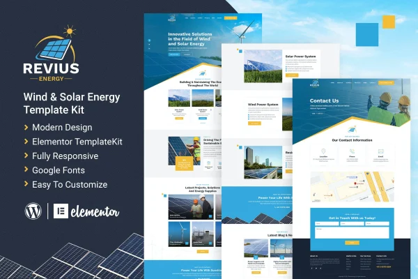 Revius Energy Elementor template kit preview showing renewable energy website pages