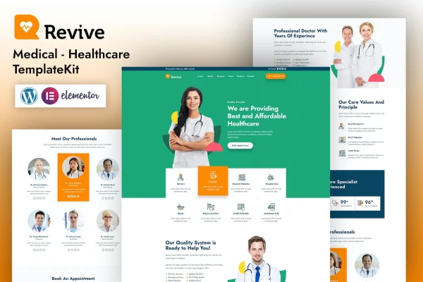 Revive medical Elementor template kit preview showing clinic website pages