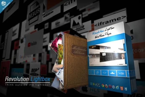 Revolution Lightbox plugin banner showing a media lightbox overlay